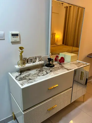 FIXED PRICE leaving Sale - King size bedroom set with Mattress side table bench and vanity.