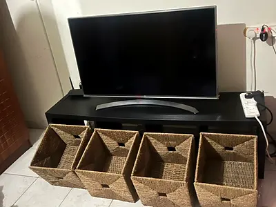 Black TV Stand/Entertainment Unit with 4 Woven Storage Baskets