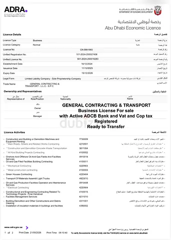 Contracting  Transport Company For sale with ADCB Active Bank and Tax registered