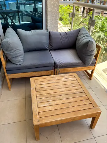 Wooden Outdoor 2-Seater Sofa with Coffee Table - Good Condition