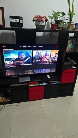 Ikea Kallax Dark wood entertainment TV unit with storage cubes