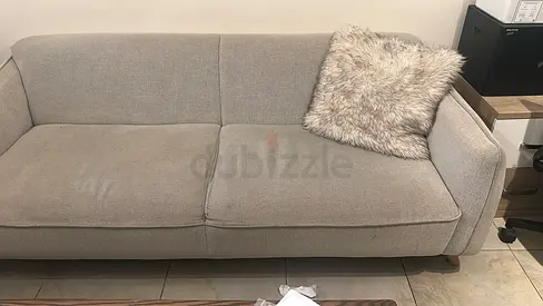 Light grey 3-seater and 2seater sofa in good used condition, with center table and side table