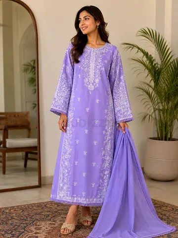 Lilac Embroidered Long Kurta with Matching Dupatta - Size Medium