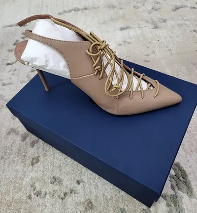 Malone Souliers-Beige pointed-toe lace-up slingback heels - barely worn