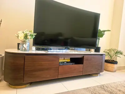 Modern Wooden TV Console with Marble Top