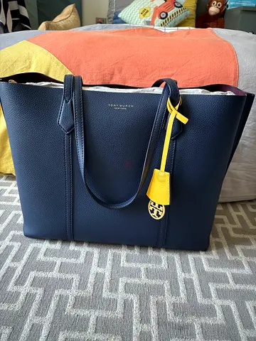 Navy Tory Burch Double-zip Leather Tote with Yellow Charm
