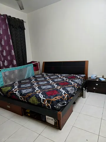 Super King size wooden bed frame with 18in mattress and storage and bedside table - Excell condition