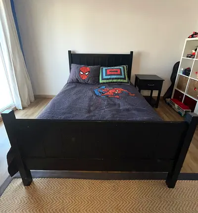 Solid wood single/double bed frame and mattress in dark blue - good condition