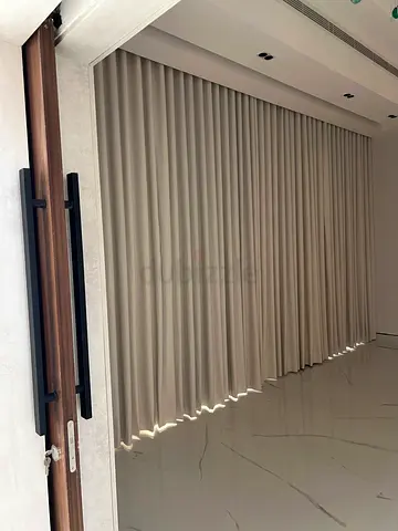 Light beige pleated blackout curtains with metal track - set of panels