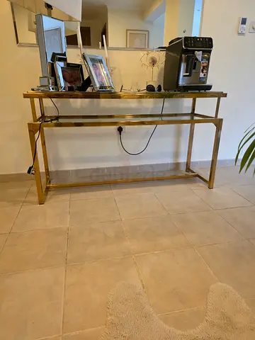 Glass Top Console Table with Gold Metal Frame - Good Condition