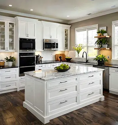 White Shaker Kitchen Island with Drawers and Marble Top