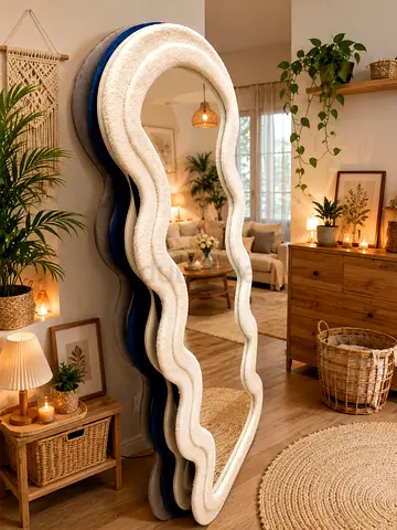 Wavy Full-Length Decorative Wall Mirror — Cream  White Frame