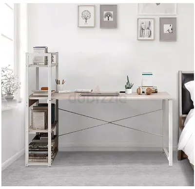 Compact wooden study desk with side shelving - light oak