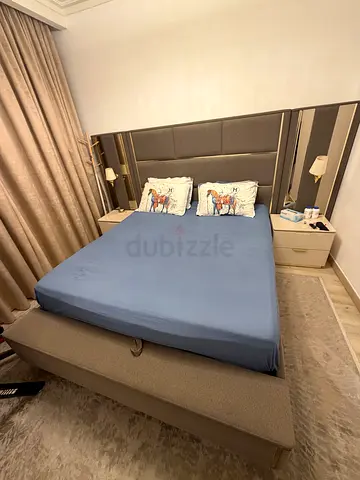 Queen upholstered bed frame with padded headboard - light grey