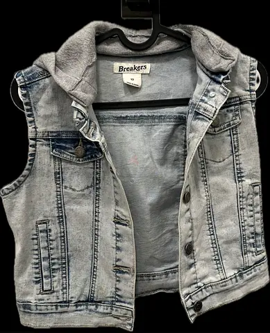 Light wash denim sleeveless jacket with grey hood - Breakers, size M