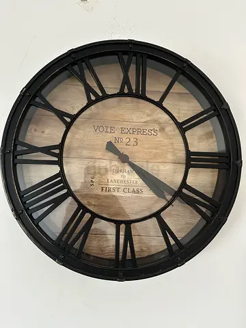 Large Round Wall Clock with Roman Numerals (Industrial Wood  Metal)