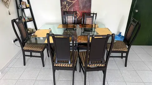 Wooden 6-Seater Glass Top Dining Table with Cushioned Chairs
