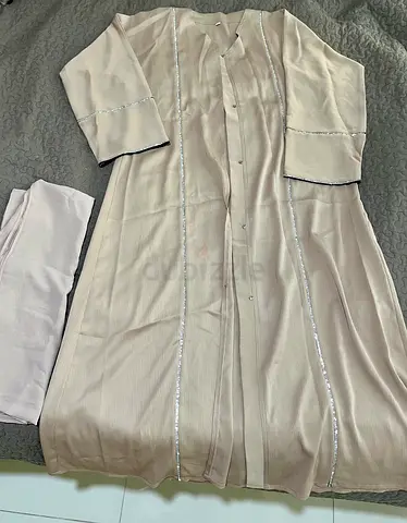 Light Beige Sequin-Trim Abaya with Inner Slip