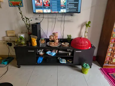 Dark Wood TV Stand / Entertainment Unit - 2 Doors, Open Shelves