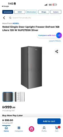 Nobel Single Door Upright Freezer 168 Liters