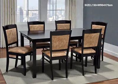 Wooden 6-Seater Dining Table Set with Upholstered Chairs - Dark Finish