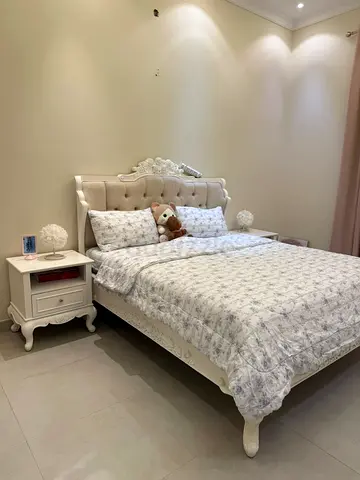 White French-Style Double Bed with Matching Nightstand - Good Condition