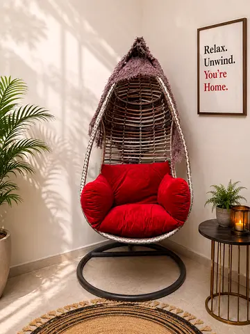 Hanging Egg/Rattan Swing Chair with Red Cushion - Free-Standing
