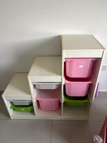IKEA Trofast-style White Storage Unit with Pink  Green boxes