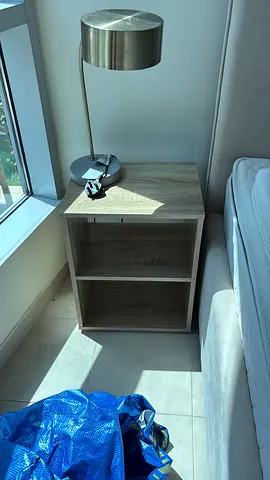 2 x Small Wooden Bedside Nightstand with Two Open Shelves and 2 x lamps.
