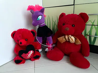 Set of 3 Plush Toys - 2 Red Teddy Bears and Purple Unicorn
