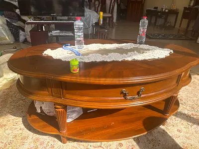 Wooden Oval Coffee Table with Lower Shelf and Drawer