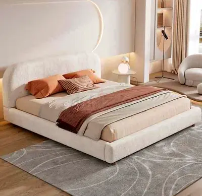 Modern Low-Profile Upholstered Double Bed with Curved Headboard