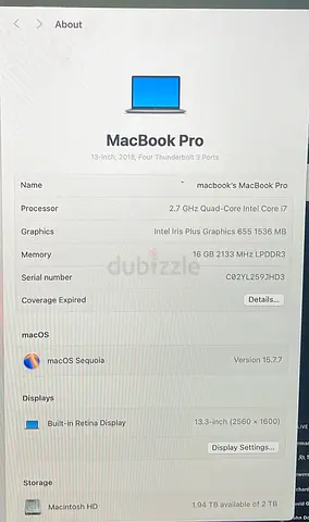 MacBook Pro 13-inch (2018) Intel Core i7, 16GB RAM, 2TB - macOS Sequoia