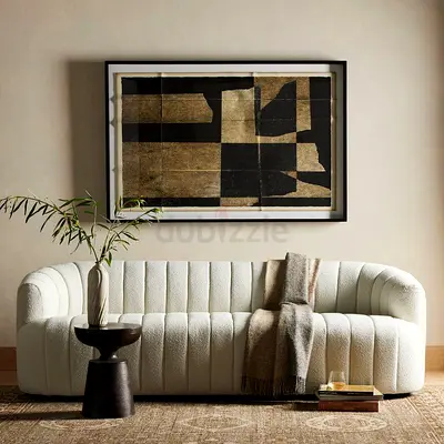 Modern Curved White 3-Seater Sofa — Boucle Fabric