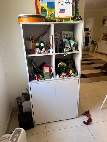 White Storage Cabinet with Open Shelves and Closed Cupboards - Good Condition