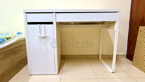 Simple white study desk with storage cabinet - good condition