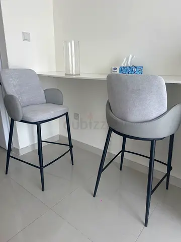 Set of 2 Modern Upholstered Dining Bar Chairs with Metal Legs - Light Grey