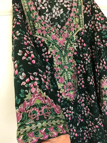 Embroidered Black Floral Abaya / Kaftan with Pink  Green Detailing