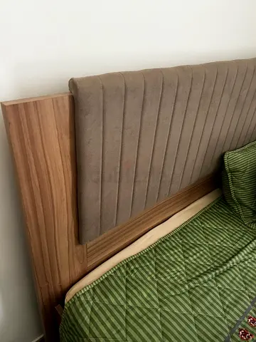 Wooden platform bed frame with padded headboard -  double (used)