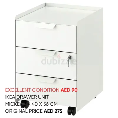 IKEA MICKE 3-drawer Lockable Mobile Pedestal - White