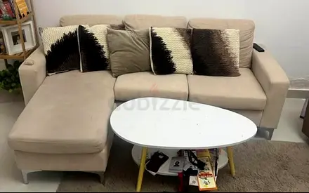 Beige L-shaped 3-seater Sofa with Chaise and Cushions
