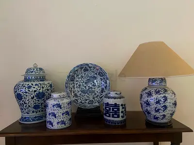 Blue and White Chinese Porcelain Collection — Vases, Ginger Jars, Plate and Lamp