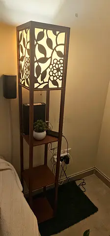 Wooden floor lamp with built-in shelves - brown, used