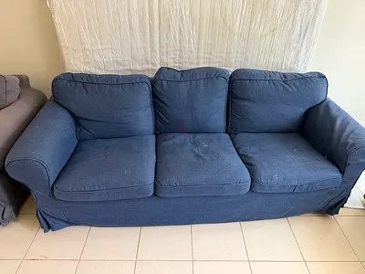 Blue 3-Seater Fabric Sofa with Slipcover - one piece of a full living room