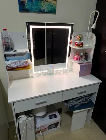 White Dressing Table with LED Mirror and Shelves - Good Condition