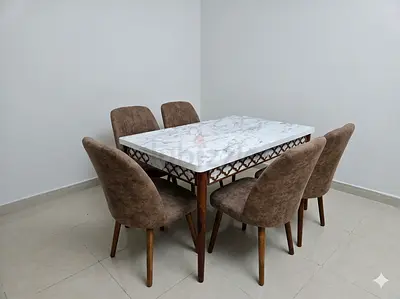 6-piece dining set with marble-look table top and upholstered chairs
