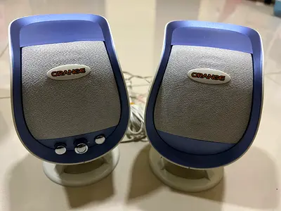 Pair of Orange branded computer speakers - wired, working