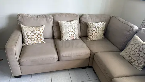 Beige L-Shaped Fabric Corner Sofa - 6-Seater with Cushions, Good Condition