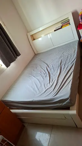 Single bed with headboard storage, white frame