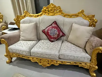 Ornate Gold Frame 3-Seater Sofa in Beige Upholstery